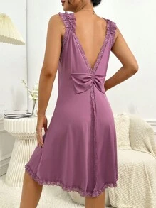 蕾絲拼接荷葉邊高衩睡裙 - 淡紫色 - 查看 1