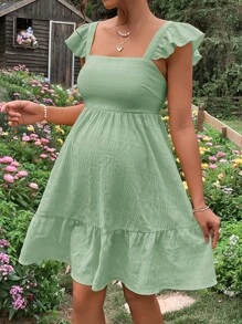 SHEIN Váy Bà bầu Lộ Lưng Viên lá sen Buộc lại màu trơn Giải trí - Màu xanh Bạc hà - Xem 7