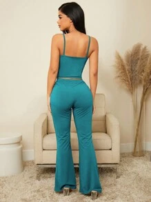 素色吊帶上衣和前抽繩喇叭褲休閒服套裝 - 綠色 - 查看 2