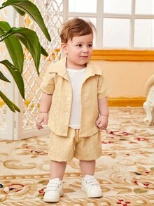 SHEIN Đứa bé trai Chất rắn Nút phía trước Áo sơ mi & Quần short & Áo thun Bộ - Nhiều màu - Xem 4