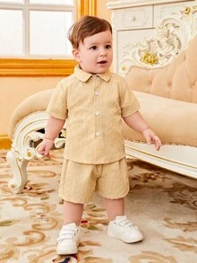 SHEIN Đứa bé trai Chất rắn Nút phía trước Áo sơ mi & Quần short & Áo thun Bộ - Nhiều màu - Xem 5