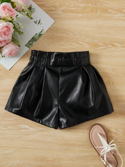 SHEIN Young Girl Woven Solid Color Pu Leather Shorts, Suitable For Autumn And Versatile For Daily Wear