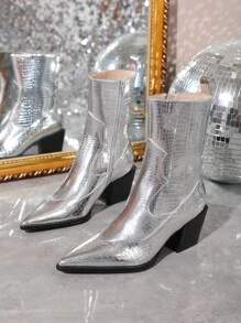 Women Metallic Crocodile Embossed Point Toe Chunky Heeled Boots, Glamorous Party Classic Boots - Silver - View 2