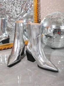 Women Metallic Crocodile Embossed Point Toe Chunky Heeled Boots, Glamorous Party Classic Boots - Silver - View 3