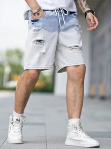 Men Ripped Frayed Drawstring Waist Denim Shorts - Light Wash - View 4