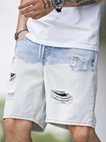 Men Ripped Frayed Drawstring Waist Denim Shorts - Light Wash - View 5