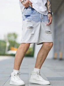 Men Ripped Frayed Drawstring Waist Denim Shorts - Light Wash - View 6