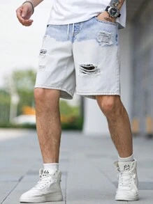 Men Ripped Frayed Drawstring Waist Denim Shorts - Light Wash - View 7