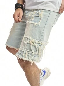 Manfinity EMRG Loose Men's Ripped Frayed Raw Hem Denim Shorts - Light Wash - View 1