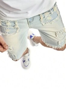 Manfinity EMRG Loose Men's Ripped Frayed Raw Hem Denim Shorts - Light Wash - View 3
