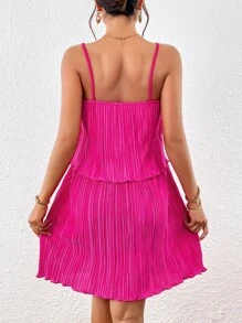 SHEIN VCAY Chất rắn Ren Mộc nhĩ Váy Dây - Màu Hồng Tươi - Xem 2