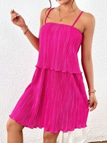 SHEIN VCAY Chất rắn Ren Mộc nhĩ Váy Dây - Màu Hồng Tươi - Xem 3