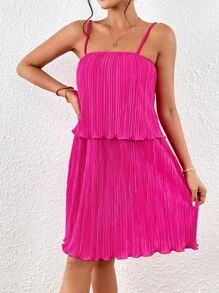 SHEIN VCAY Chất rắn Ren Mộc nhĩ Váy Dây - Màu Hồng Tươi - Xem 4