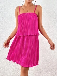 SHEIN VCAY Chất rắn Ren Mộc nhĩ Váy Dây - Màu Hồng Tươi - Xem 5