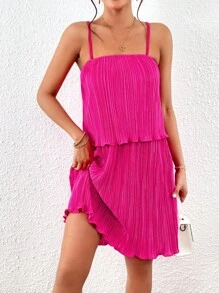 SHEIN VCAY Chất rắn Ren Mộc nhĩ Váy Dây - Màu Hồng Tươi - Xem 6