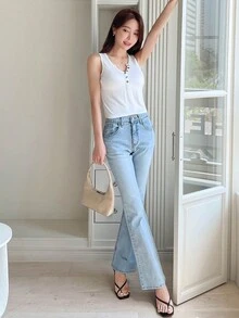 DAZY Áo khoác và áo lót dành cho xe tăng nữ Nút Gân đan Nút phía trước màu trơn Giải trí - trắng - Xem 5
