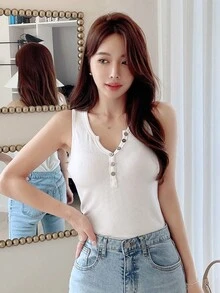 DAZY Áo khoác và áo lót dành cho xe tăng nữ Nút Gân đan Nút phía trước màu trơn Giải trí - trắng - Xem 6