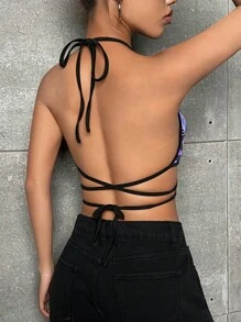 SHEIN ICON 反光愛心圖案掛脖上衣 - 亮橙色 - 查看 3