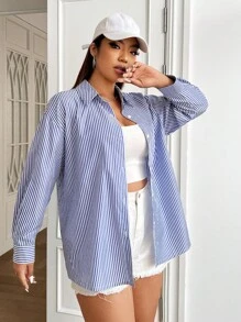 SHEIN EZwear Plus Striped Print Drop Shoulder Shirt - Blue and White - View 5