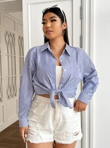 SHEIN EZwear Plus Striped Print Drop Shoulder Shirt - Blue and White - View 6