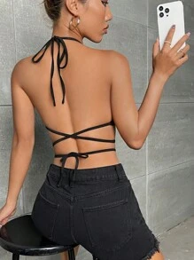 SHEIN ICON 反光圖案印花鏤空後背繫帶掛脖上衣 - 黃色 - 查看 3