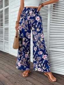 SHEIN LUNE Tropical Print Wide Leg Pants - Multicolor - View 1