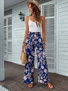 SHEIN LUNE Tropical Print Wide Leg Pants - Multicolor - View 3