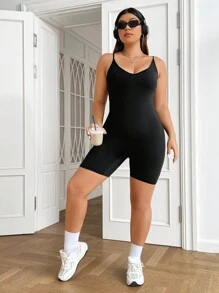 SHEIN EZwear 大碼素色吊帶緊身連體短褲 - 黑色 - 查看 5