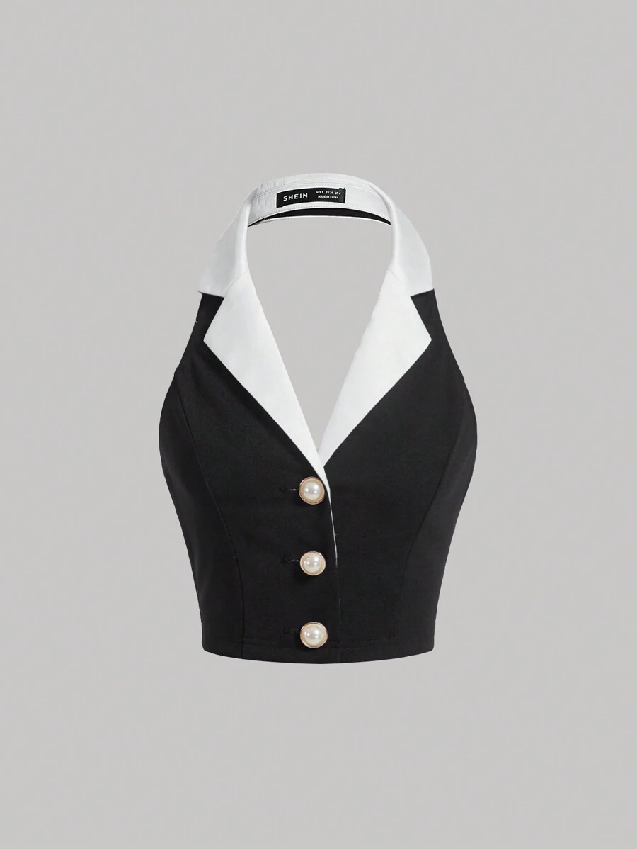 SHEIN MOD 拼接領前紐扣掛脖上衣 - 黑色 - 查看 1