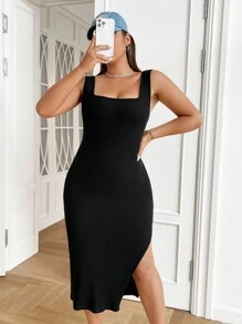SHEIN EZwear Đầm Plus Size Chia màu trơn Giải trí - màu đen - Xem 1