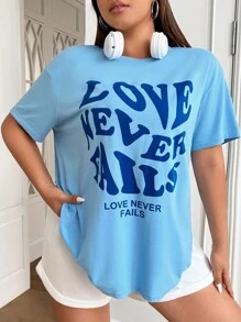 SHEIN EZwear Áo thun Plus size Slogan Giải trí - Màu xanh lam - Xem 4