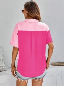 SHEIN VCAY Two Tone Drop Shoulder Patched Pocket Shirt - Pink - View 2