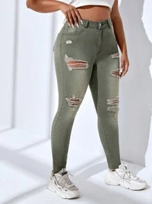 SHEIN CovetEZ Quần Denim kích thước lớn Nút Túi Hem thô Bị tách Dây kéo màu trơn - Màu xanh Ô liu - Xem 1