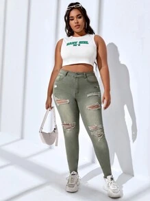 SHEIN CovetEZ Quần Denim kích thước lớn Nút Túi Hem thô Bị tách Dây kéo màu trơn - Màu xanh Ô liu - Xem 4