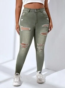 SHEIN CovetEZ Quần Denim kích thước lớn Nút Túi Hem thô Bị tách Dây kéo màu trơn - Màu xanh Ô liu - Xem 6