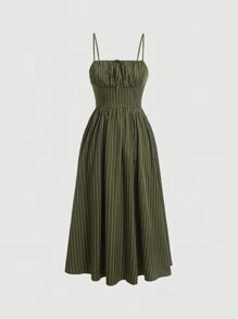 SHEIN MOD In sọc Nếp gấp Phần Ngực Váy Dây - xanh quân đội - Xem 1