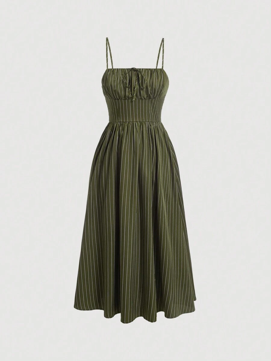 SHEIN MOD In sọc Nếp gấp Phần Ngực Váy Dây - xanh quân đội - Xem 1