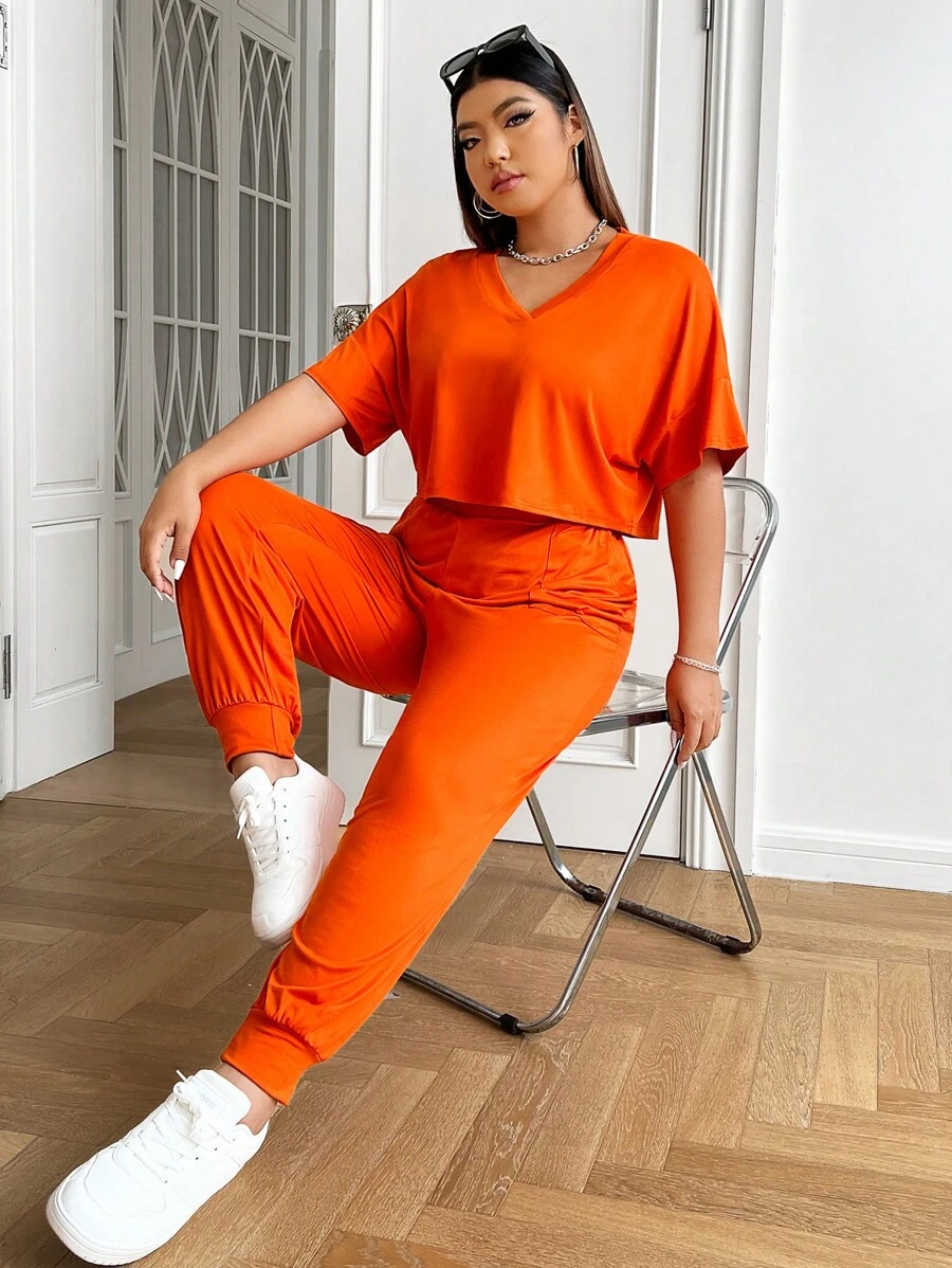 SHEIN EZwear Bộ thời trang Plus Size Túi màu trơn Giải trí - Màu Cam cháy - Xem 1
