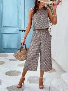 SHEIN VCAY 滿版印花背心上衣&闊腿褲 - 卡其色 - 查看 3