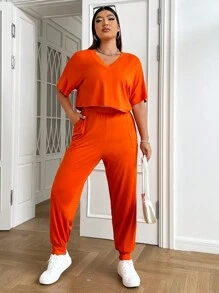 SHEIN EZwear Bộ thời trang Plus Size Túi màu trơn Giải trí - Màu Cam cháy - Xem 4