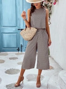 SHEIN VCAY 滿版印花背心上衣&闊腿褲 - 卡其色 - 查看 4