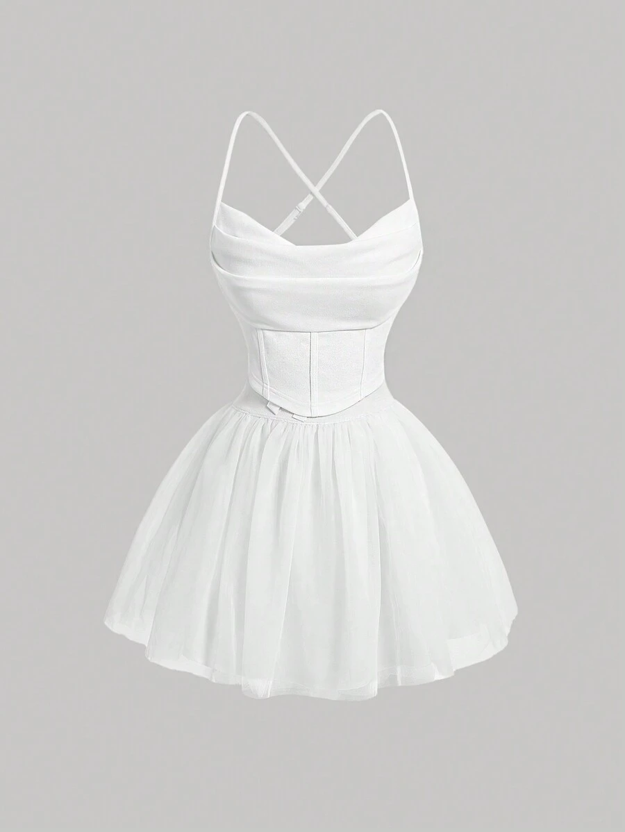 SHEIN MOD cổ áo xếp nếp Cami ngọn & Lưới Áo nịt ngực Kết cấu Váy - trắng - Xem 1