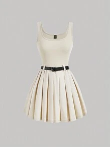 SHEIN MOD Đầm hai dây xếp ly trơn có thắt lưng - Màu be - Xem 1