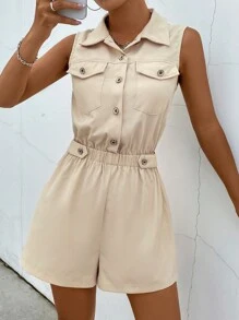 SHEIN Essnce 翻蓋口袋前紐扣襯衫連體短褲 - 杏色 - 查看 6