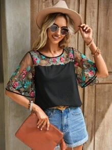 SHEIN LUNE Floral Embroidery Mesh Yoke Tee - Black - View 1