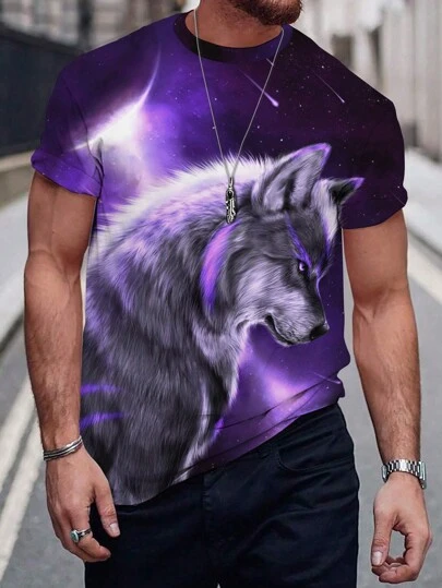 Manfinity LEGND Men Casual 3D Wolf Graphic Print Short Sleeve Tee, For Going Out, For Husband