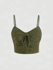 SHEIN MOD 大碼前繫帶褶邊吊帶上衣 - 軍綠色 - 查看 1