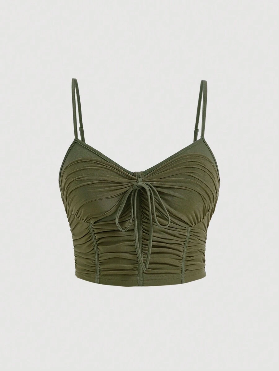 SHEIN MOD 大碼前繫帶褶邊吊帶上衣 - 軍綠色 - 查看 1