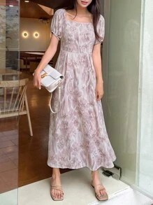 DAZY 印花方領泡泡袖洋裝 - 淡紫色 - 查看 2