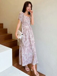 DAZY 印花方領泡泡袖洋裝 - 淡紫色 - 查看 5